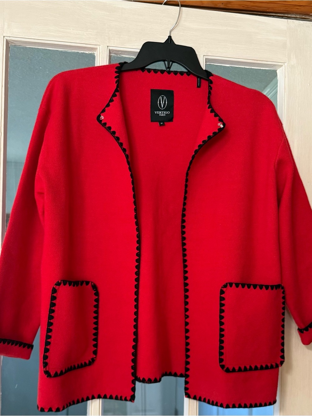 Vertigo Paris Red Open-Front Cardigan with Black Trim